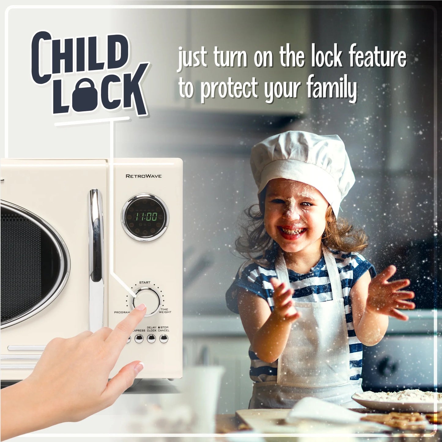 0.9 Cu Ft Retro Microwave Oven, 800W Countertop Microwave Oven with Digital Clock, White