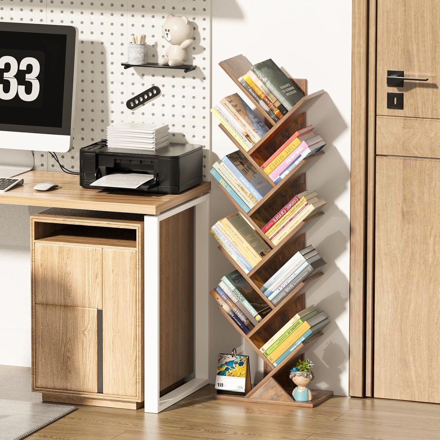 10 Tier Tree Bookshelf Brown Wood Floor Standing Bookcase for Living Room Decor