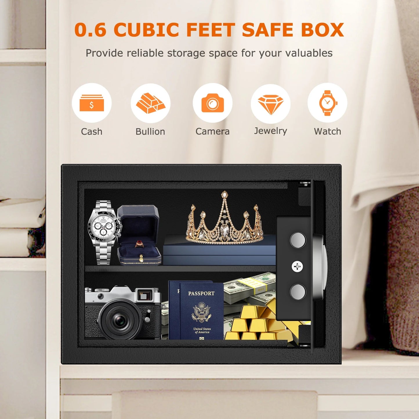 0.6 Cubic Feet Safe Box Electronic Digital Security Money Documents Safe with Removable Shelf for Home Office Hotel