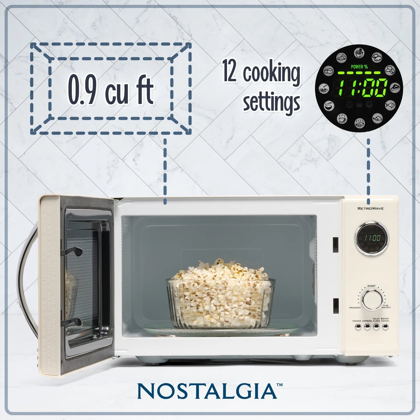 0.9 Cu Ft Retro Microwave Oven, 800W Countertop Microwave Oven with Digital Clock, White