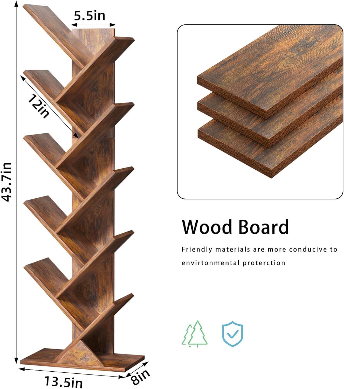 10 Tier Tree Bookshelf Brown Wood Floor Standing Bookcase for Living Room Decor