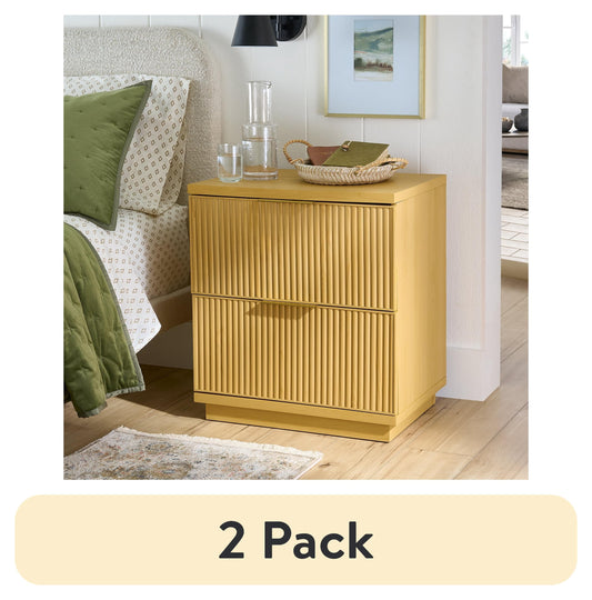 (2 Pack)  Lillian Fluted 2-Drawer Nightstand with USB, Natural Pine