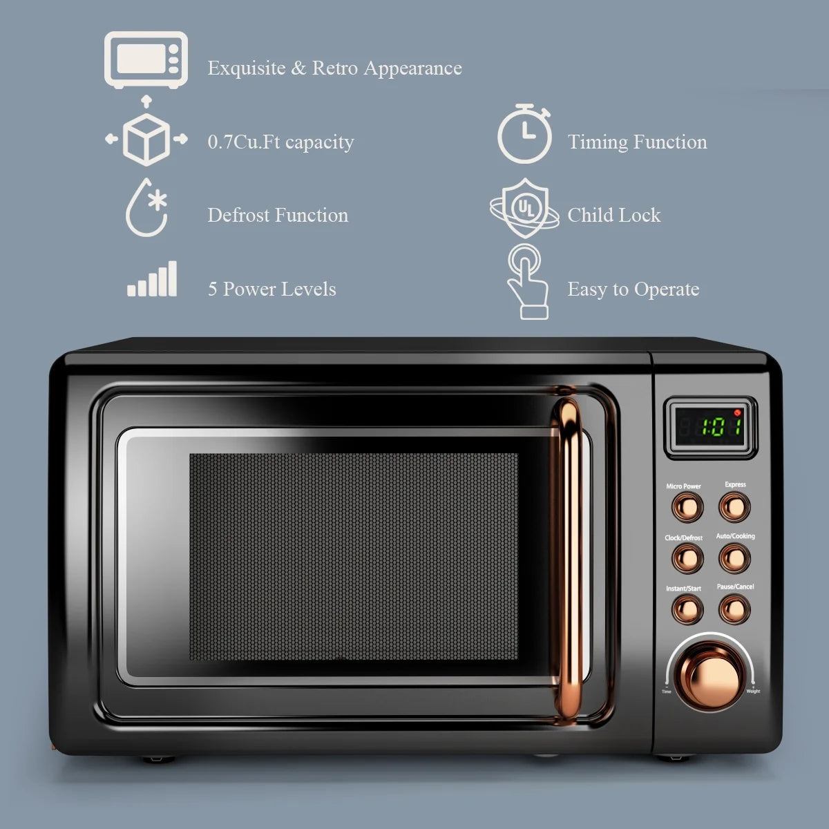 0.7 Cu.Ft Retro Countertop Microwave Oven 700W LED Display Glass Turntable Rose