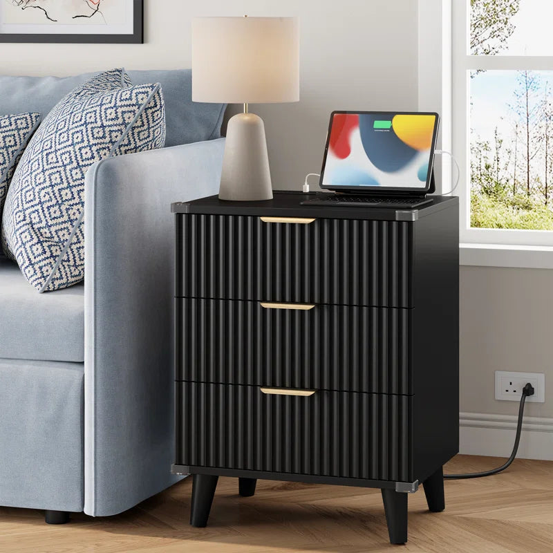 1 Pc Nightstand with Charging Station, Side Table with 3 Drawers, Bedside End Table with 2 USB Ports and 2 AC Outlets, Night Stand for Bedroom, Small Dresser for Small Spaces