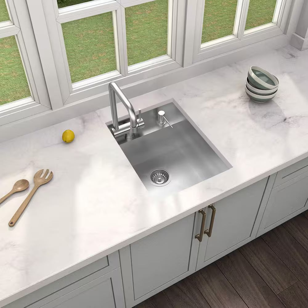 Zero Radius 15 In. Undermount 18G Stainless Steel Single Bowl Workstation Bar Sink with Folding Faucet