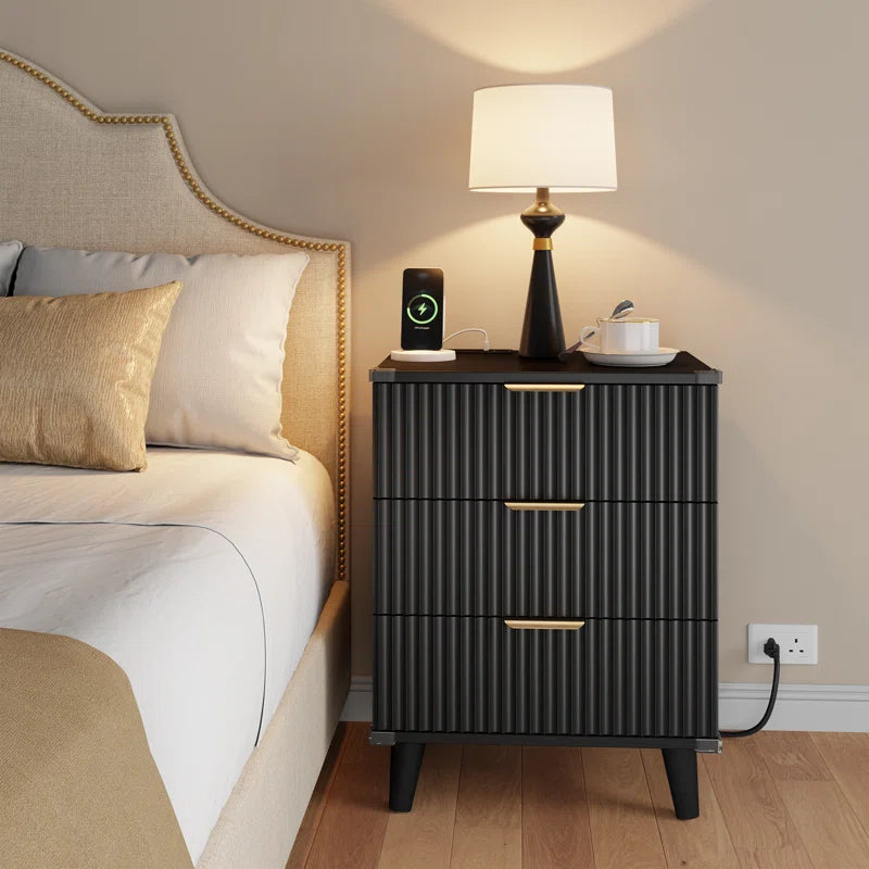 1 Pc Nightstand with Charging Station, Side Table with 3 Drawers, Bedside End Table with 2 USB Ports and 2 AC Outlets, Night Stand for Bedroom, Small Dresser for Small Spaces