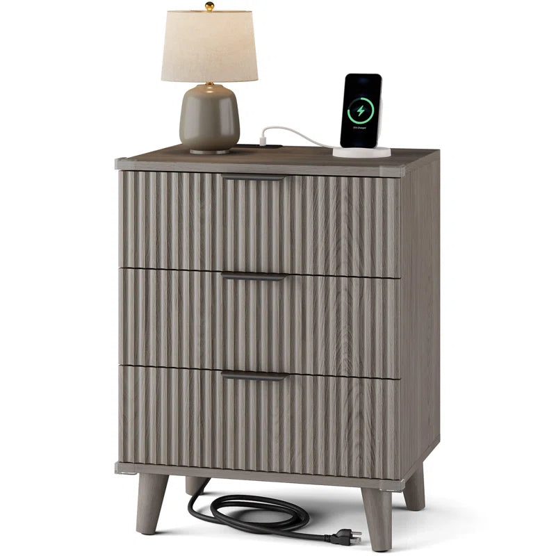 1 Pc Nightstand with Charging Station, Side Table with 3 Drawers, Bedside End Table with 2 USB Ports and 2 AC Outlets, Night Stand for Bedroom, Small Dresser for Small Spaces
