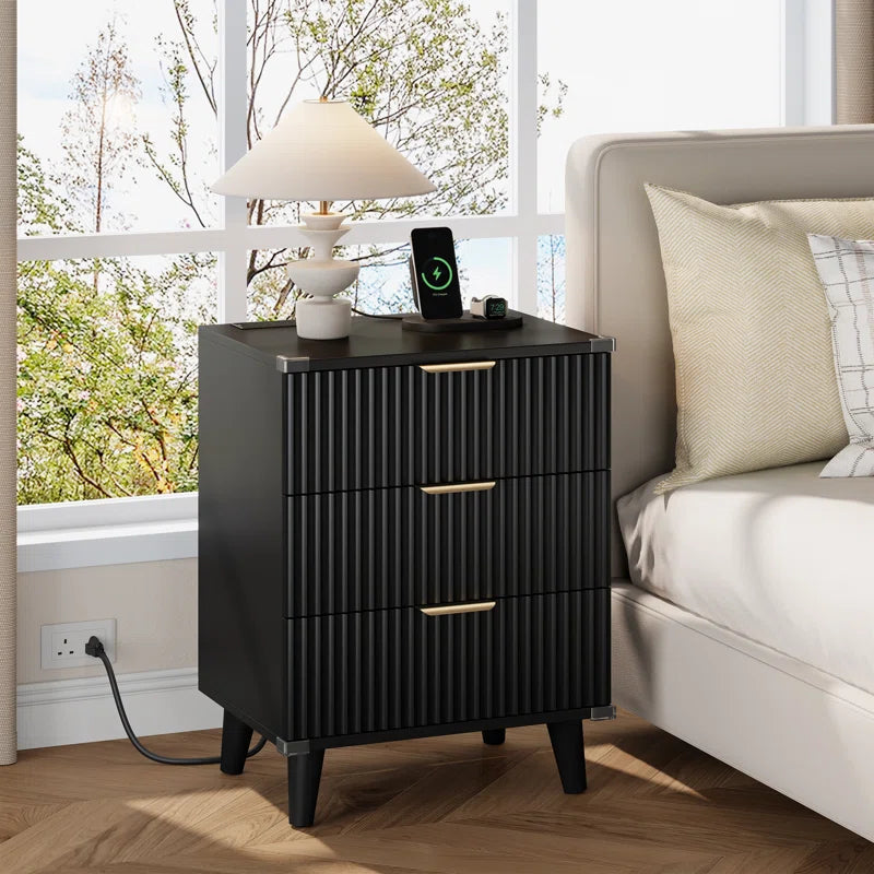 1 Pc Nightstand with Charging Station, Side Table with 3 Drawers, Bedside End Table with 2 USB Ports and 2 AC Outlets, Night Stand for Bedroom, Small Dresser for Small Spaces