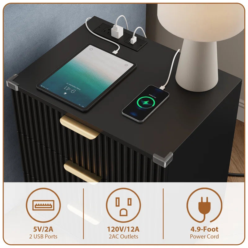 1 Pc Nightstand with Charging Station, Side Table with 3 Drawers, Bedside End Table with 2 USB Ports and 2 AC Outlets, Night Stand for Bedroom, Small Dresser for Small Spaces