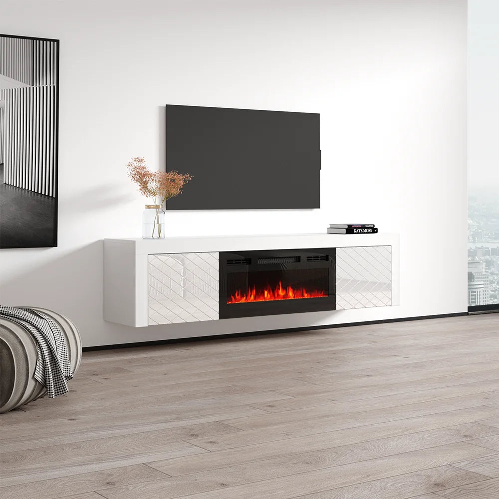 Dia BL-EF Floating Fireplace TV Stand for Tvs up to 80", Modern High Gloss 71" Entertainment Center, Wall Mounted Electric Fireplace TV Media Console with Storage Cabinets