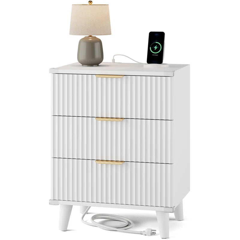 1 Pc Nightstand with Charging Station, Side Table with 3 Drawers, Bedside End Table with 2 USB Ports and 2 AC Outlets, Night Stand for Bedroom, Small Dresser for Small Spaces
