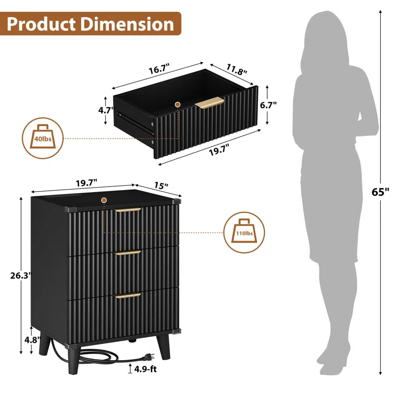 1 Pc Nightstand with Charging Station, Side Table with 3 Drawers, Bedside End Table with 2 USB Ports and 2 AC Outlets, Night Stand for Bedroom, Small Dresser for Small Spaces