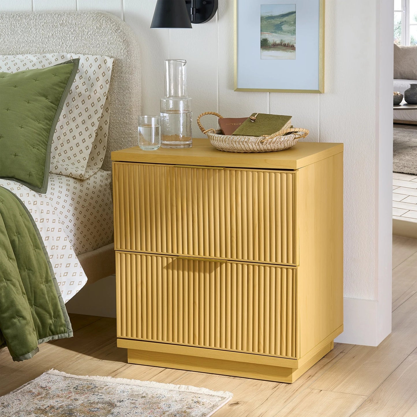 (2 Pack)  Lillian Fluted 2-Drawer Nightstand with USB, Natural Pine