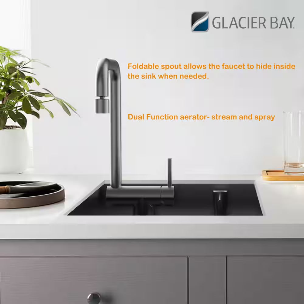 Zero Radius 15 In. Undermount 18G Gunmetal Black Stainless Steel Single Bowl Workstation Bar Sink with Folding Faucet