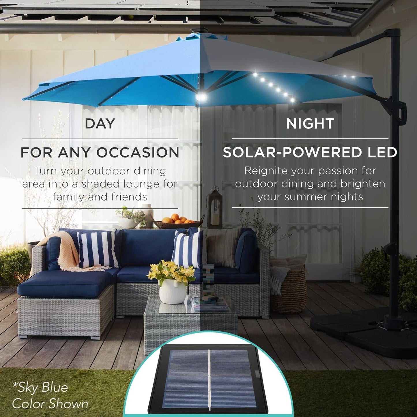 10 Foot Solar LED Cantilever Patio Umbrella with 360 Degree Rotation and