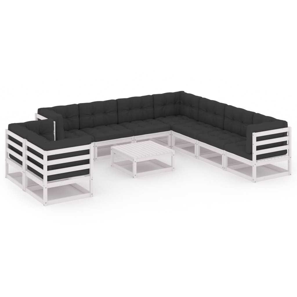 10 Piece Patio Lounge Set with Cushions White Solid Pinewood