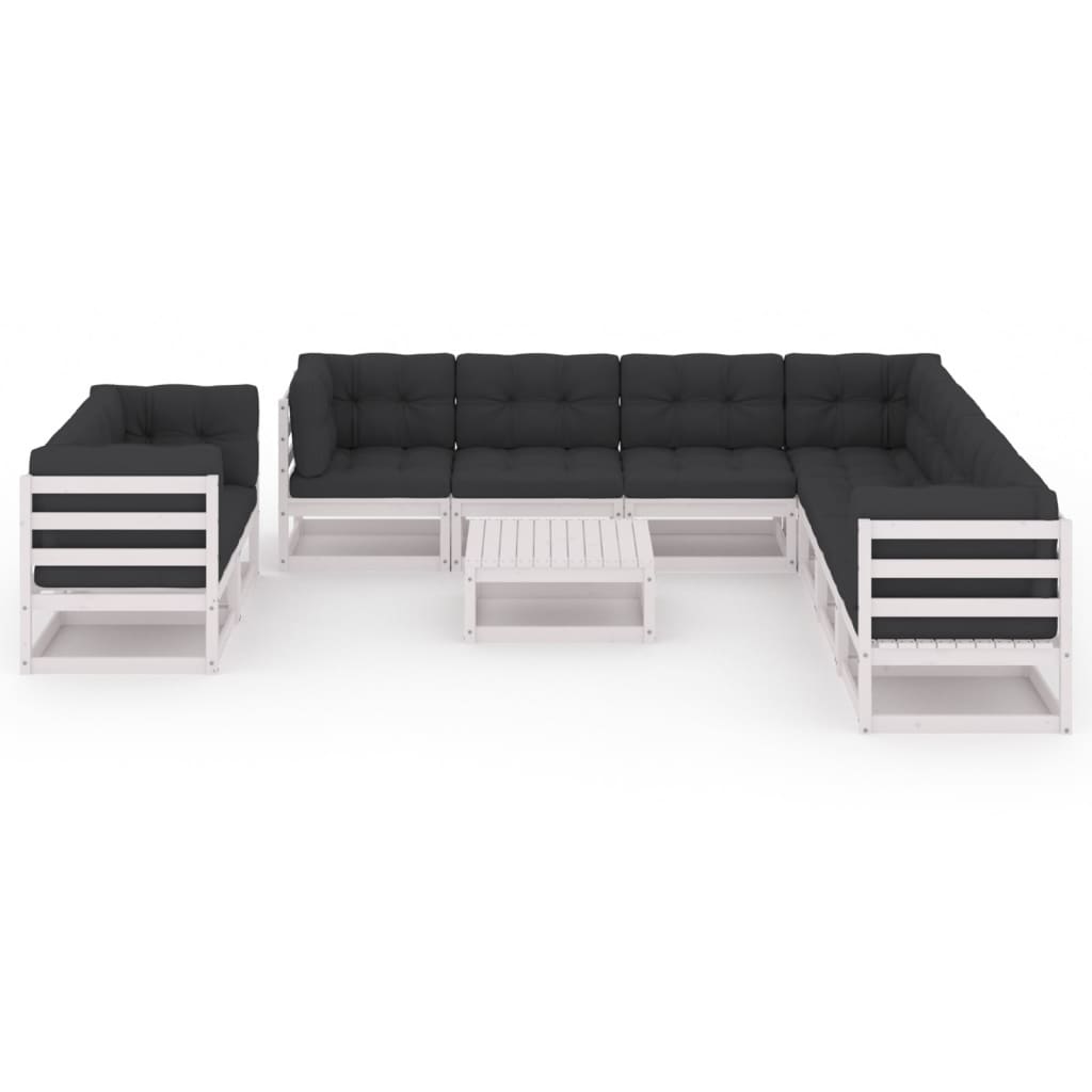 10 Piece Patio Lounge Set with Cushions White Solid Pinewood