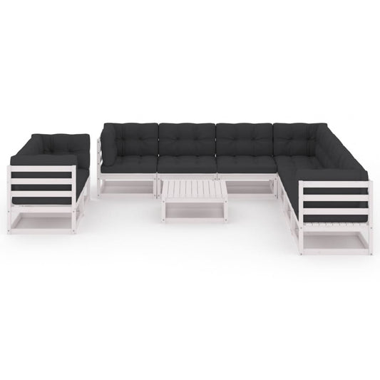 10 Piece Patio Lounge Set with Cushions White Solid Pinewood