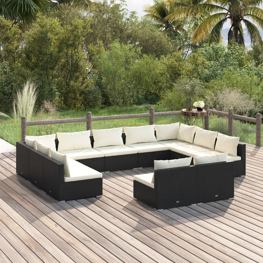 11 Piece Patio Lounge Set with Cushions Black Poly Rattan