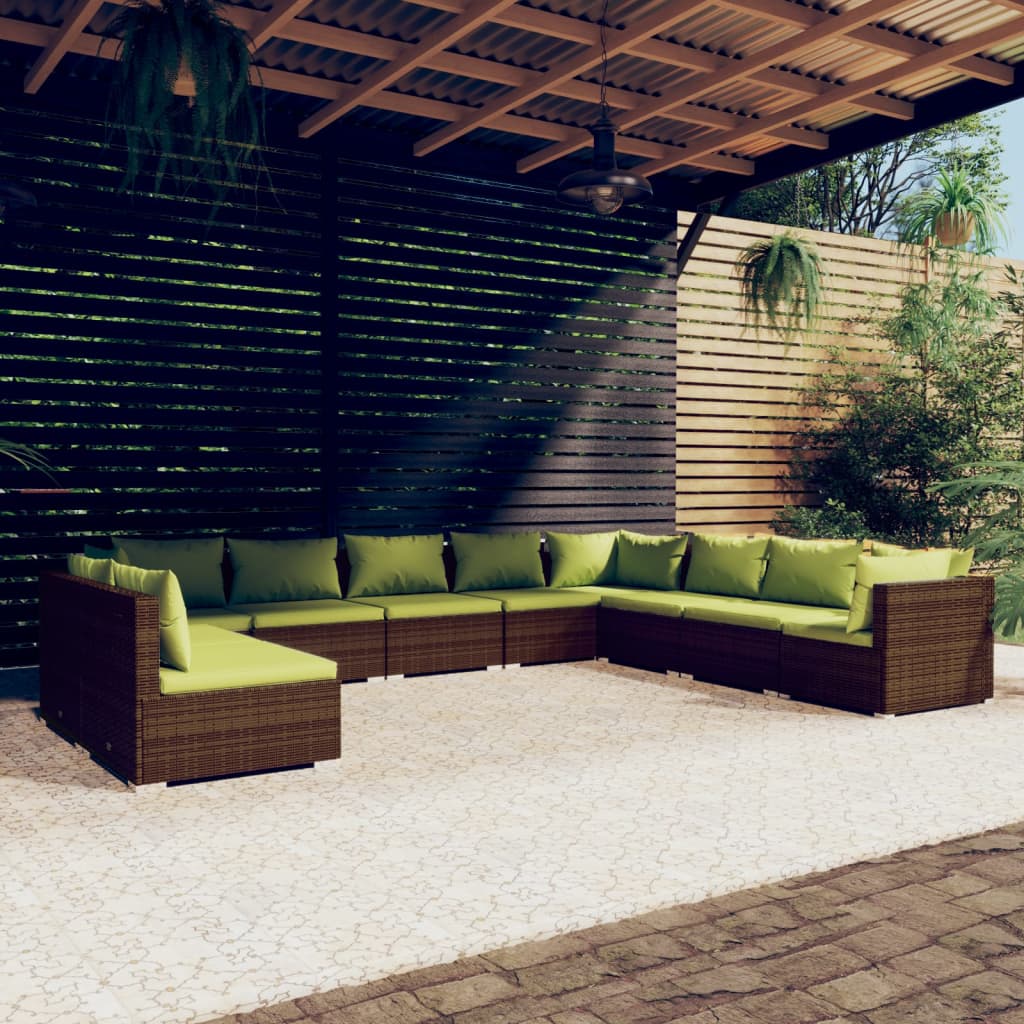 10 Piece Patio Lounge Set with Cushions Brown Poly Rattan