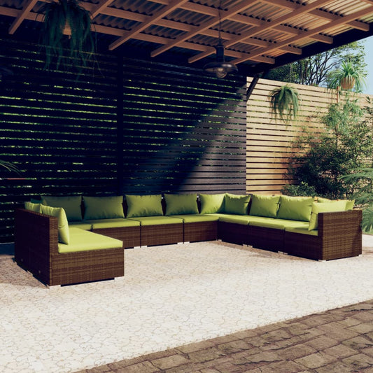 10 Piece Patio Lounge Set with Cushions Brown Poly Rattan