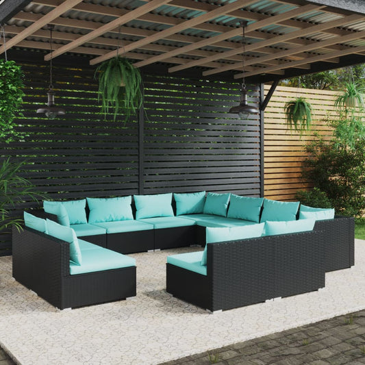 11 Piece Patio Lounge Set with Cushions Black Poly Rattan