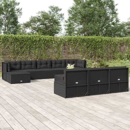 11 Piece Patio Lounge Set with Cushions Black Poly Rattan