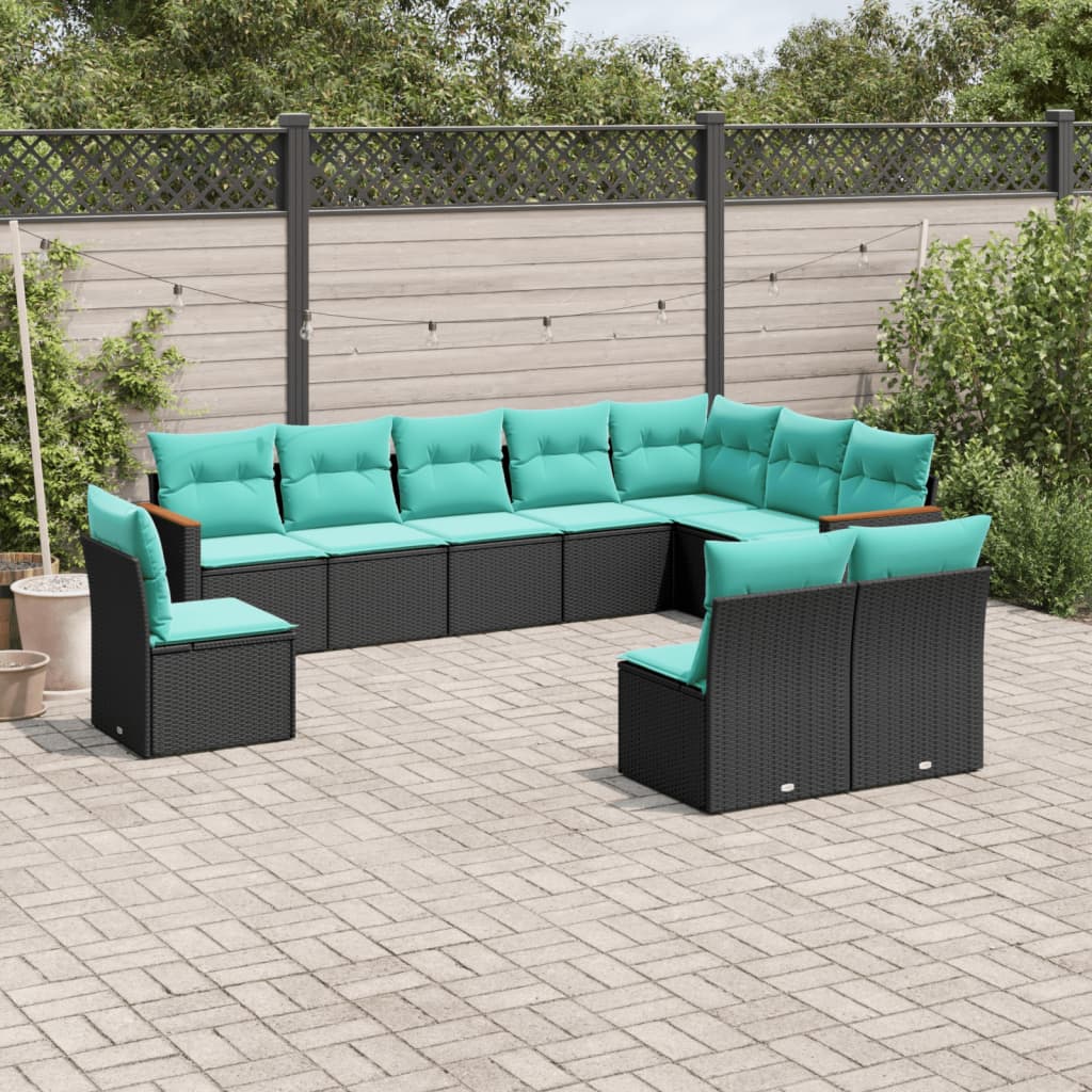 10 Piece Patio Sofa Set with Cushions Black Poly Rattan