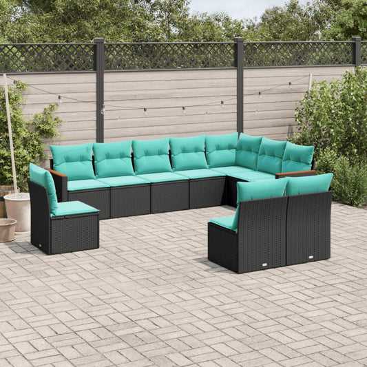 10 Piece Patio Sofa Set with Cushions Black Poly Rattan