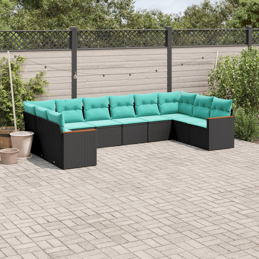 10 Piece Patio Sofa Set with Cushions Black Poly Rattan