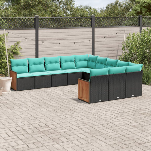 11 Piece Patio Sofa Set with Cushions Black Poly Rattan