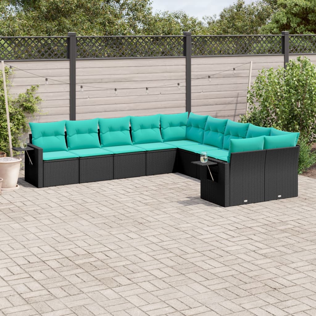 10 Piece Patio Sofa Set with Cushions Black Poly Rattan