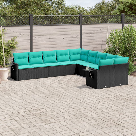 10 Piece Patio Sofa Set with Cushions Black Poly Rattan
