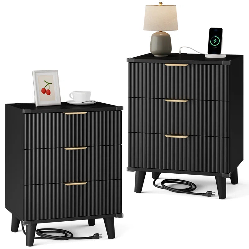 1 Pc Nightstand with Charging Station, Side Table with 3 Drawers, Bedside End Table with 2 USB Ports and 2 AC Outlets, Night Stand for Bedroom, Small Dresser for Small Spaces
