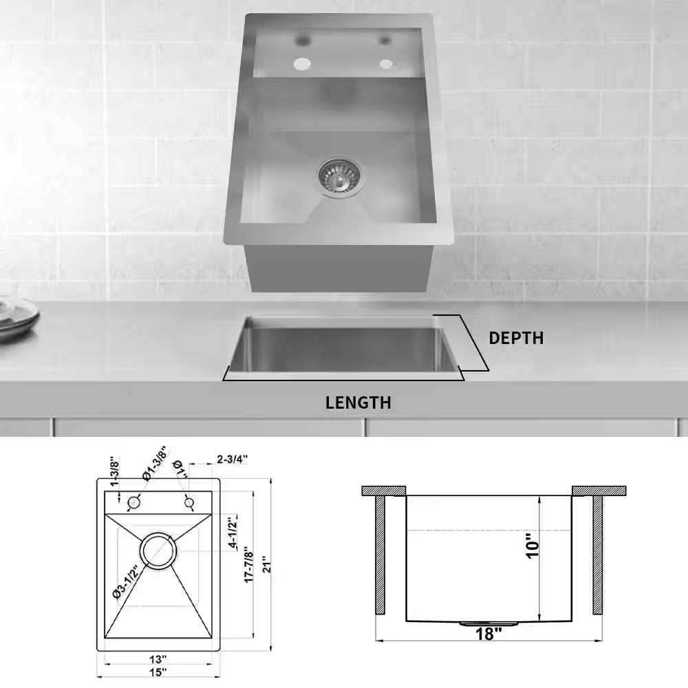Zero Radius 15 In. Undermount 18G Stainless Steel Single Bowl Workstation Bar Sink with Folding Faucet
