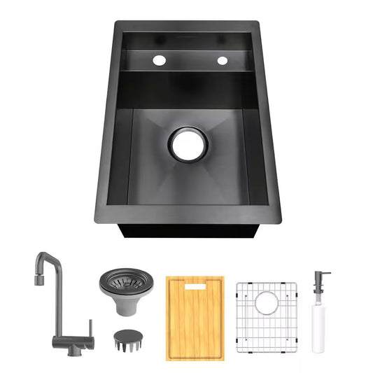 Zero Radius 15 In. Undermount 18G Gunmetal Black Stainless Steel Single Bowl Workstation Bar Sink with Folding Faucet