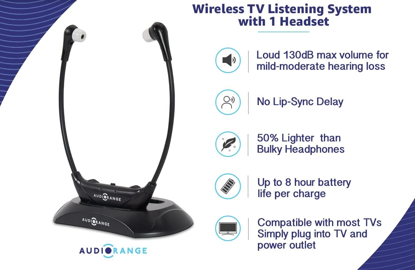【NEW Model】 Seniors & Hard of Hearing | Wireless TV Headset by  | Delay-Free, Lightweight, Comfortable, Rechargeable In-Ear Headphones for TV Watching, Television Amplifier, RF Headphones