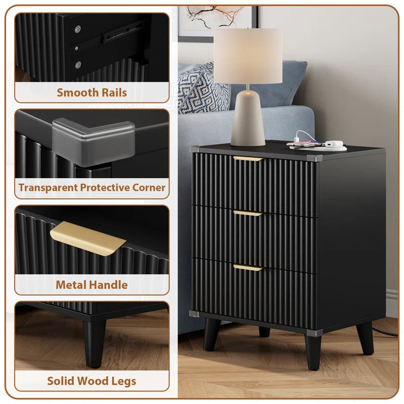 1 Pc Nightstand with Charging Station, Side Table with 3 Drawers, Bedside End Table with 2 USB Ports and 2 AC Outlets, Night Stand for Bedroom, Small Dresser for Small Spaces