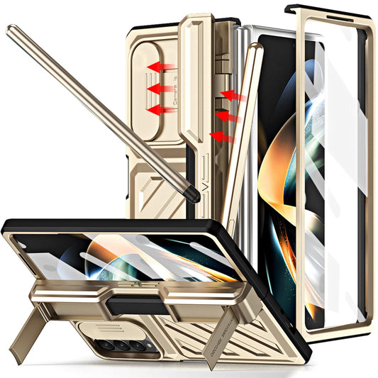 YQODSZ for Samsung Galaxy Z Fold 4 Case with S Pen & Hide Pen Holder [Slide Camera Cover] [Screen Protector] [Kickstand] TPU + PC Full-Body Dual Layer Protection Phone Case for Z Fold 4 - Gold