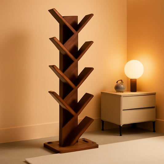 10 Tier Tree Bookshelf Brown Wood Floor Standing Bookcase for Living Room Decor