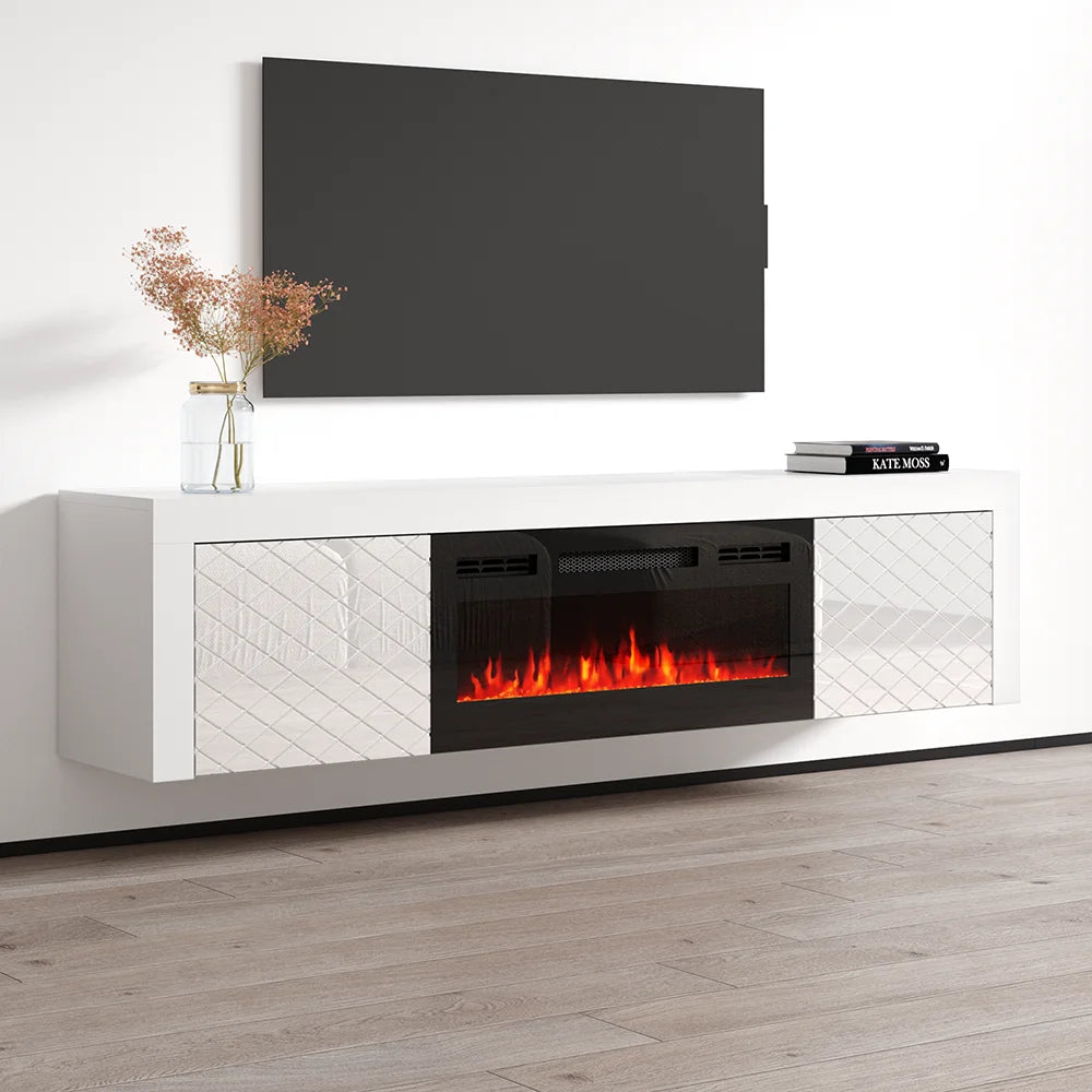 Dia BL-EF Floating Fireplace TV Stand for Tvs up to 80", Modern High Gloss 71" Entertainment Center, Wall Mounted Electric Fireplace TV Media Console with Storage Cabinets
