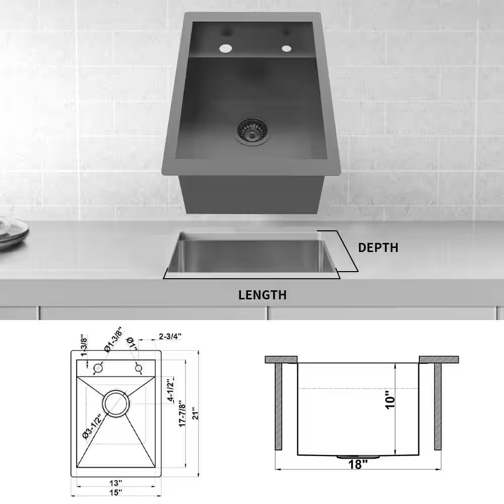 Zero Radius 15 In. Undermount 18G Gunmetal Black Stainless Steel Single Bowl Workstation Bar Sink with Folding Faucet