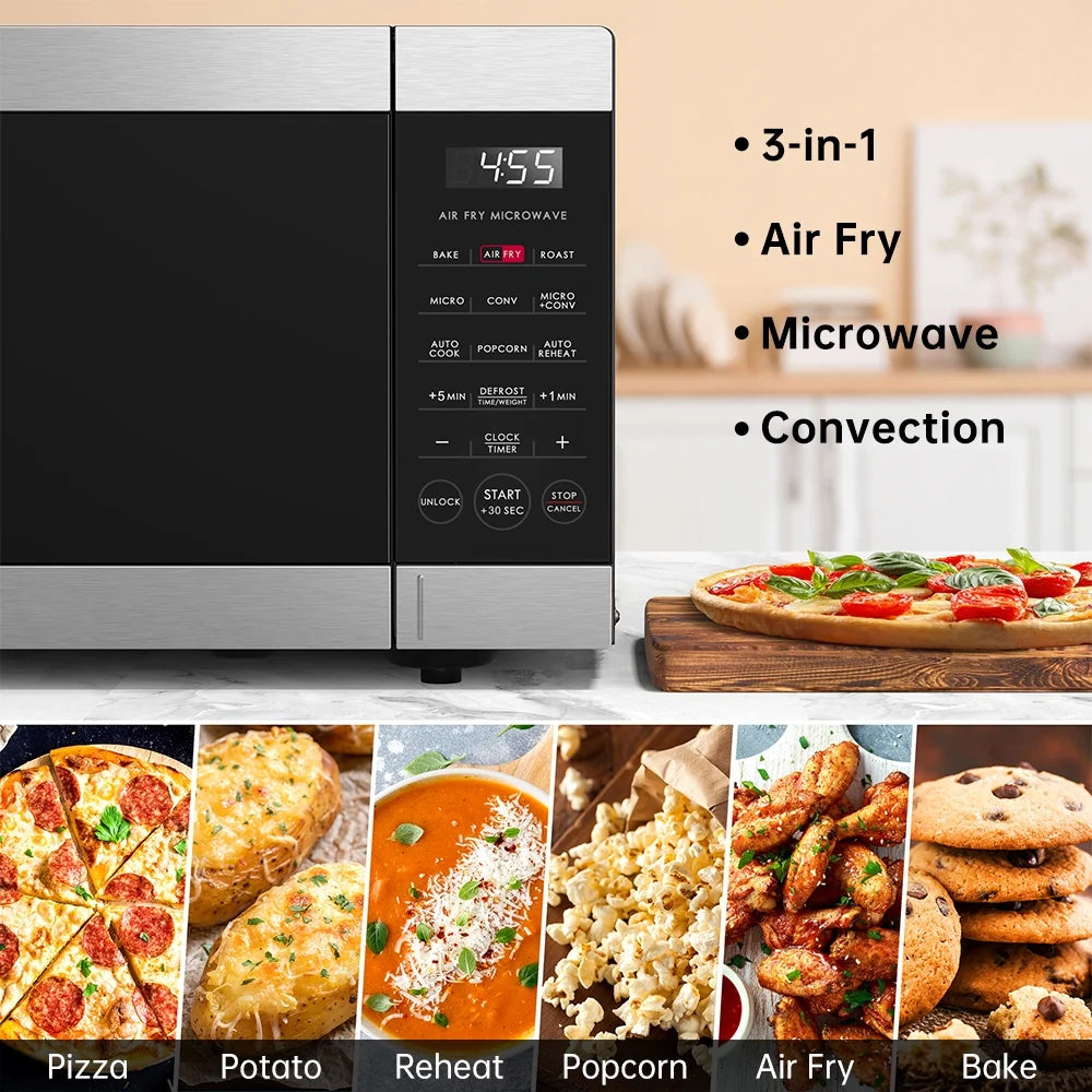 0.9 Cu Ft Air Fry Countertop Microwave, 900 Watts, Stainless Steel, New