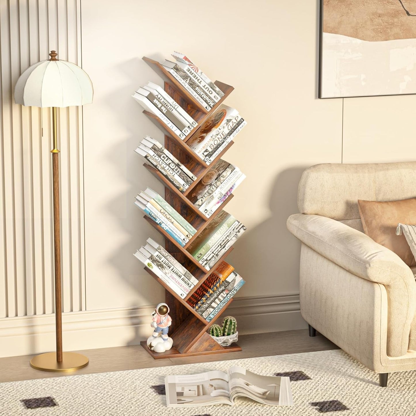 10 Tier Tree Bookshelf Brown Wood Floor Standing Bookcase for Living Room Decor
