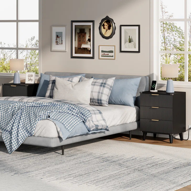 1 Pc Nightstand with Charging Station, Side Table with 3 Drawers, Bedside End Table with 2 USB Ports and 2 AC Outlets, Night Stand for Bedroom, Small Dresser for Small Spaces