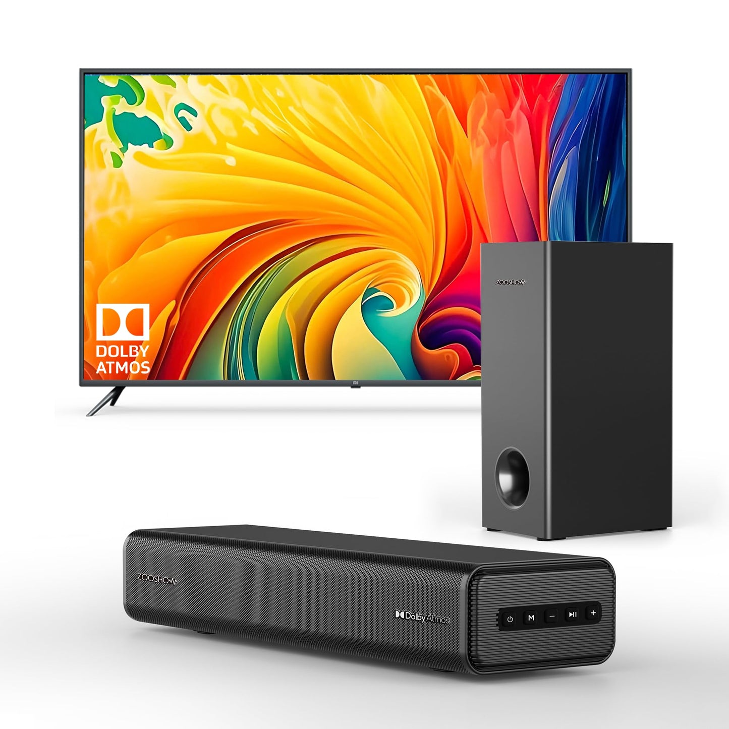 Zooshow 2.1CH Dolby Atmos Soundbar 100W Sound Bars for Smart TV Subwoofer Included Bluetooth 5.3 with HDMI-EARC/Optical/AUX Connection Game Mode Surround Home Theater Audio for TV