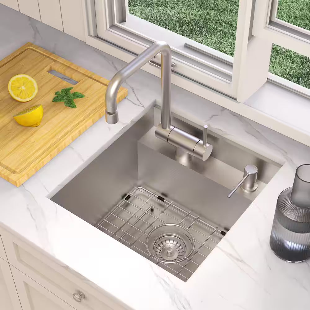 Zero Radius 15 In. Undermount 18G Stainless Steel Single Bowl Workstation Bar Sink with Folding Faucet