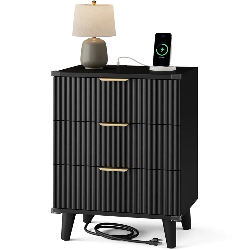 1 Pc Nightstand with Charging Station, Side Table with 3 Drawers, Bedside End Table with 2 USB Ports and 2 AC Outlets, Night Stand for Bedroom, Small Dresser for Small Spaces