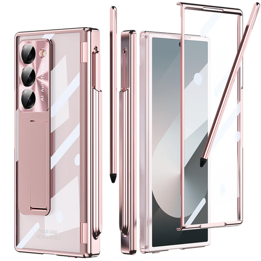 YQODSZ for Samsung Galaxy Z Fold 6 Case with S Pen Holder & Slim Stylus Z Fold 6 Crystal Clear Case with Hinge Protection Screen Protector Kickstand All-Inclusive Slim Case Cover for Z Fold 6 Pink