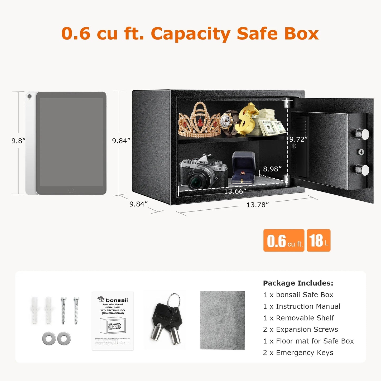 0.6 Cubic Feet Safe Box Electronic Digital Security Money Documents Safe with Removable Shelf for Home Office Hotel